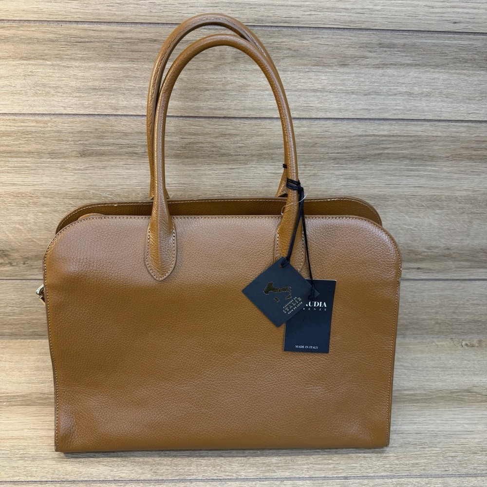 CLAUDIA FIRENZE Italian Genuine Pebbled Leather Camel Brown Satchel Shoulder Bag